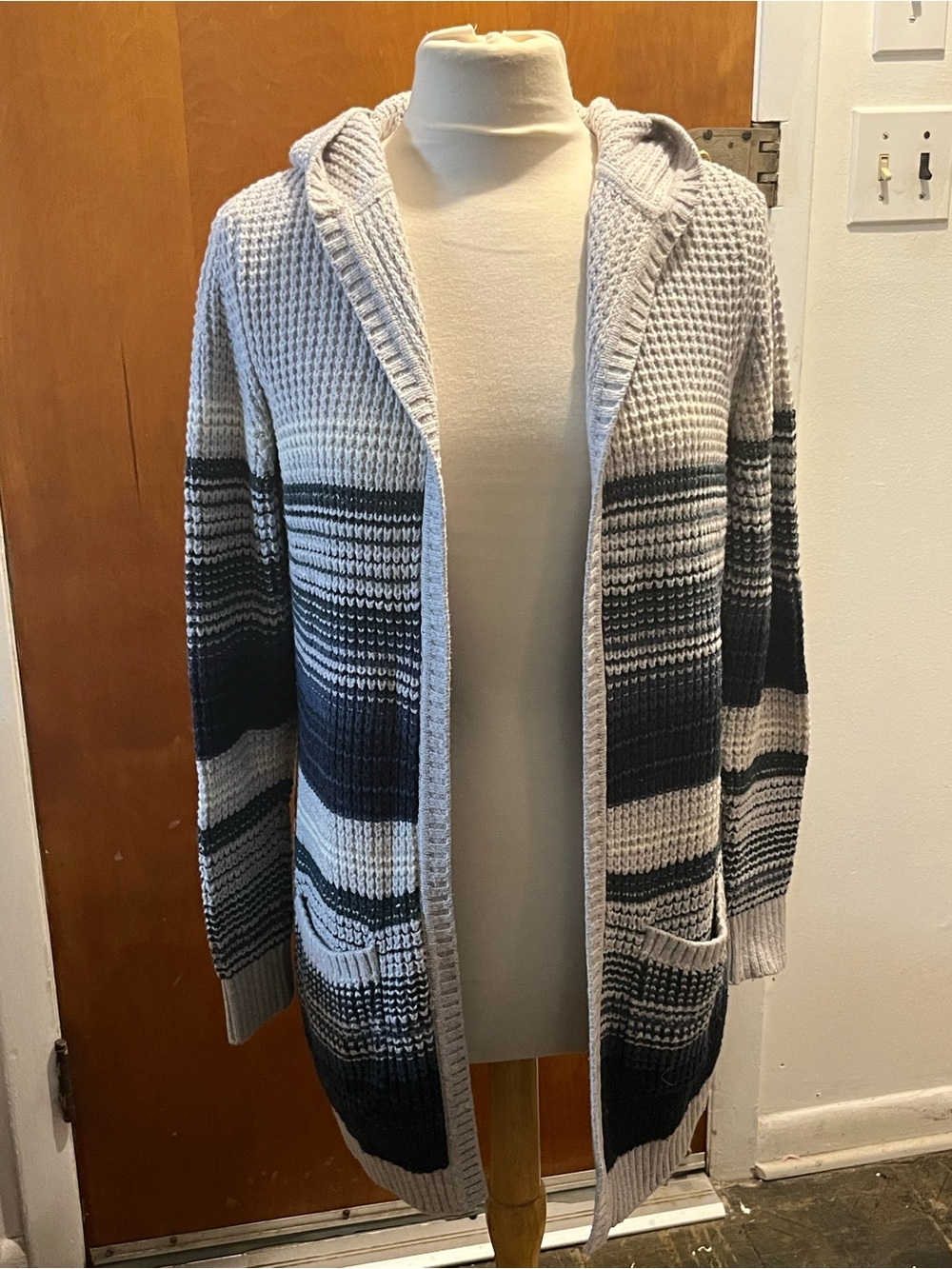 L.L. Bean Gray and Black Striped Hooded Cardigan